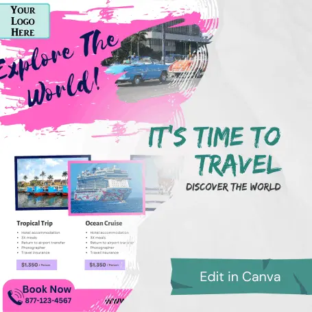 Pink swoosh travel agent flyer template etsy and canva